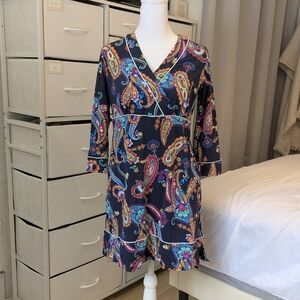 Navy pink orange Paisley Lands End Mock Wrap mini dress 3/4 sleeve, extra small